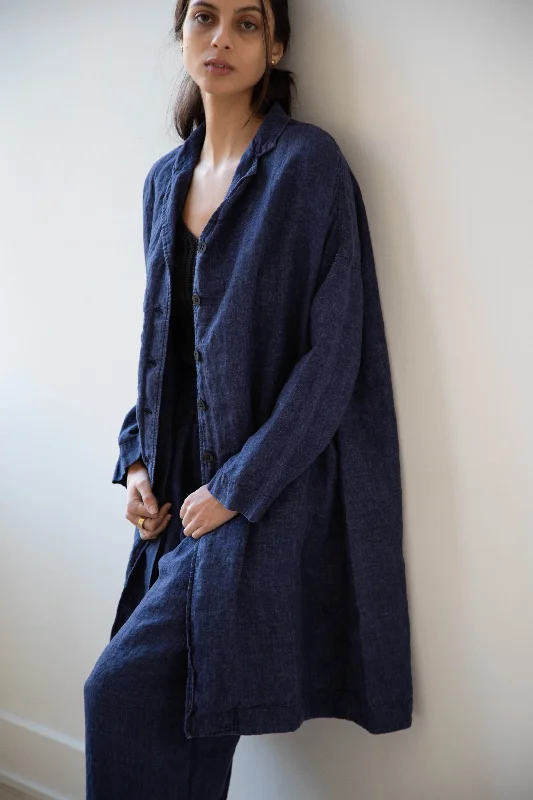 Album di Famiglia | Linen Easy Coat in Navy Hooded Caped Scarf