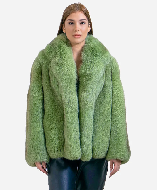 Women’s ‘Matcha Green’ Fox Fur Coat Bomber Denim Leather