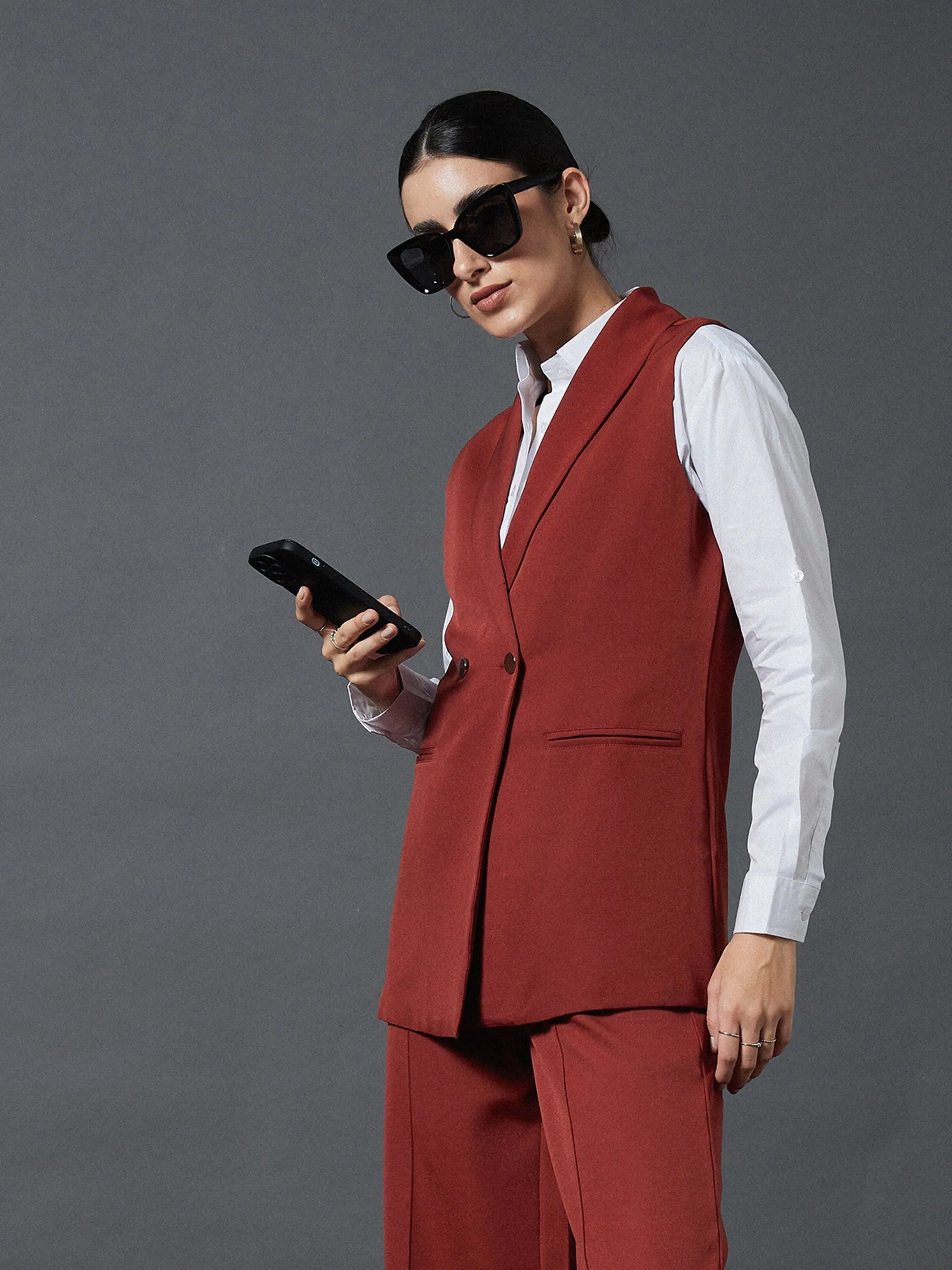 Women Rust Double-Breast Sleeveless Longline Blazer Silk Women's Blazer