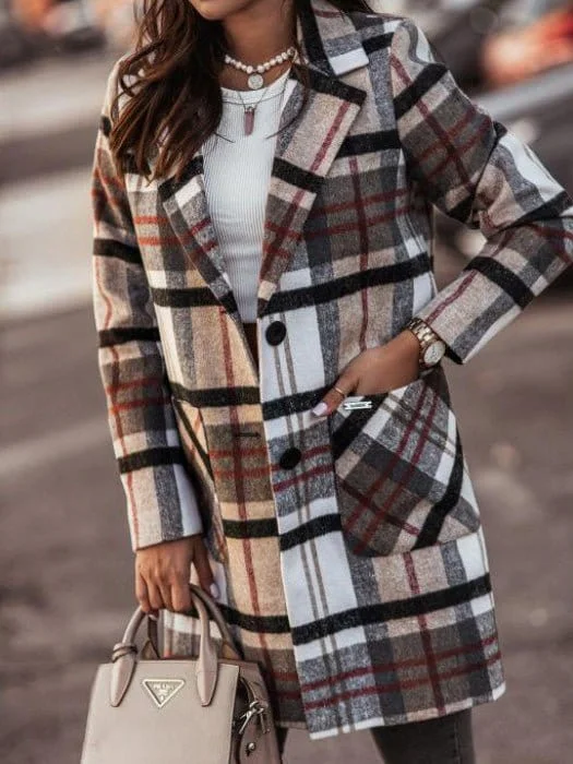 Classic Plaid Coat with Patch Pockets Plaid Tartan Floral