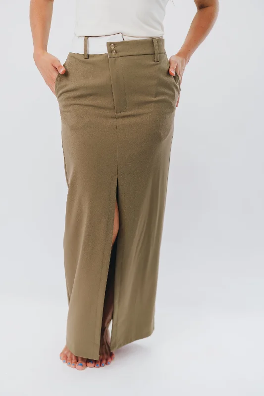 Colin Trouser Maxi Skirt with Contrast Band in Olive Trousers Running Lightweight
