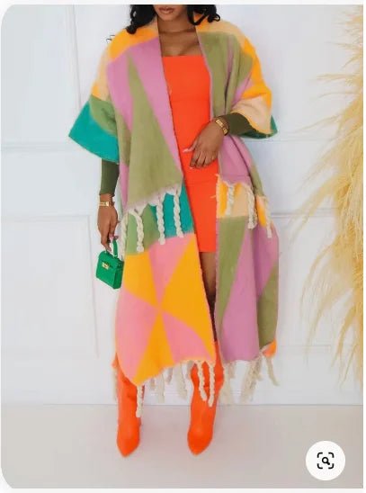 African-inspired Plus Size Casual Print Fringe Cardigans: Stylish Ankle Length Outwear for Winter Bright Pastel Dark