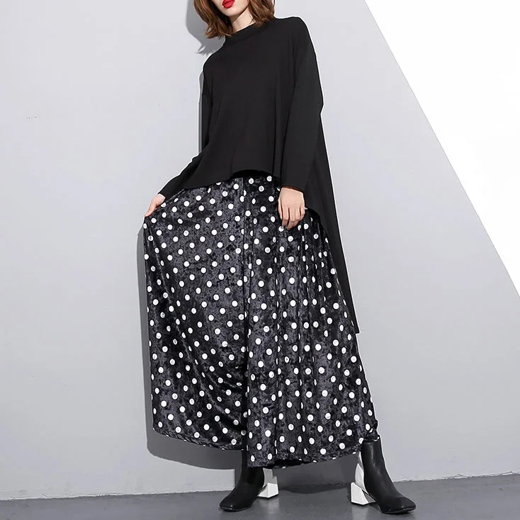 Elegant black dotted plus size clothing elastic waist traveling women wide leg pants cotton trousers Trousers Hiking Durable