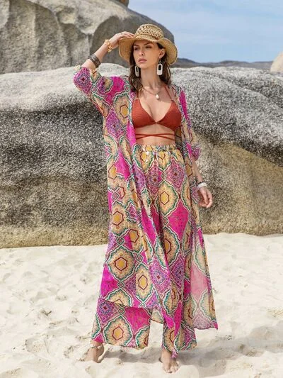 Printed Open Front Cardigan and Pants Set Fleece Cardigan Nylon Polyester