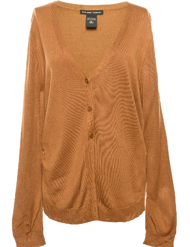 Button Front Brown Cardigan - L Hooded Caped Shawl Collar