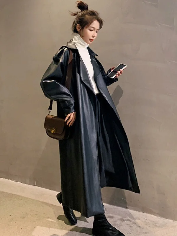 Black Oversized Long Waterproof Leather Trench Coat for Women 2022 S-7XL Down Puffer Quilted