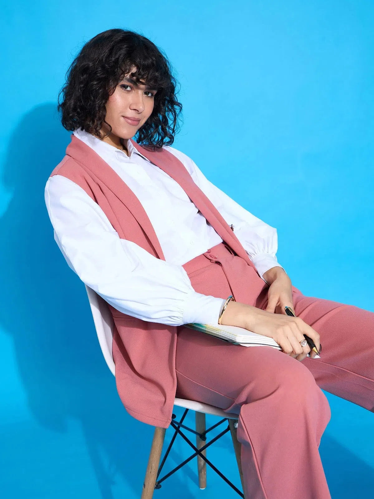 Women Pink Double-Breast Sleeveless Longline Blazer Women's Party Jacket