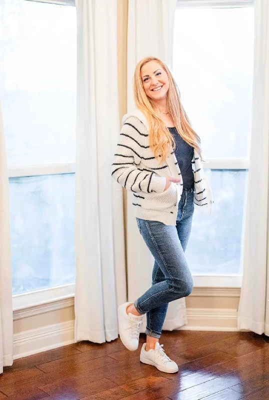 Striped Button Up Long Sleeve Hooded Cardigan Elegant Classic Vintage