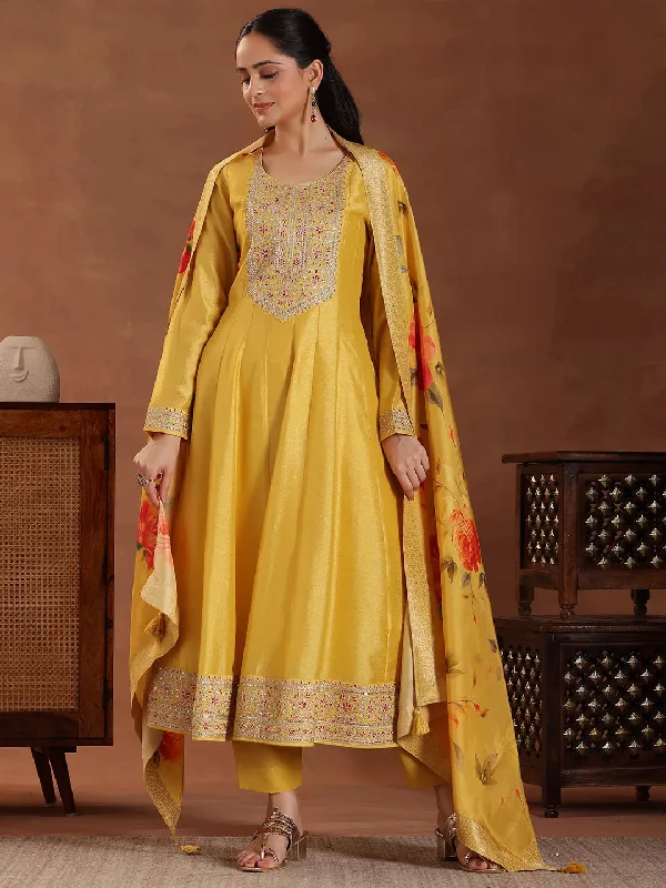 Yellow Yoke Design Silk Blend A-Line Kurta With Trousers & Dupatta Trousers Leisure Comfortable