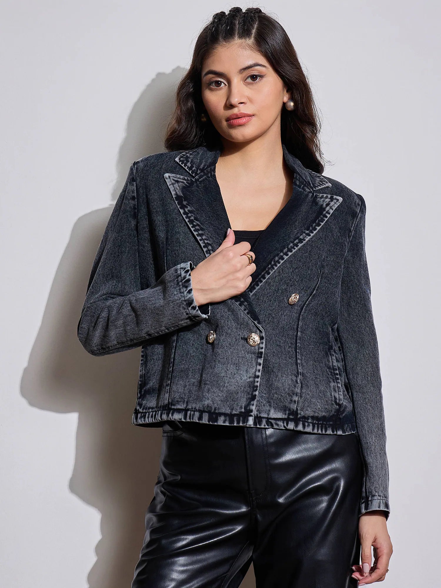 Women Black Denim Front Button Notch Collar Crop Blazer-SFJCKT6957 Women's High-End Blazer