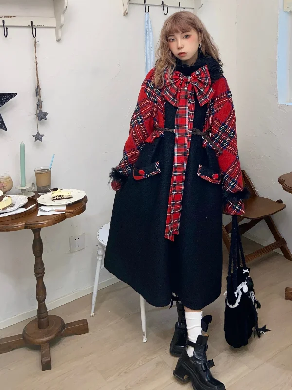 Retro Black Plaid Mid-length Woolen Coat SHC0010 Front Pockets Side Pockets Patch Pockets