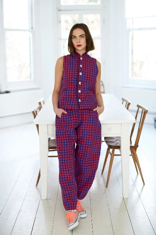 Hove Trouser in Red and Blue Gingham Irish Linen Trousers High Rise Slim Fit