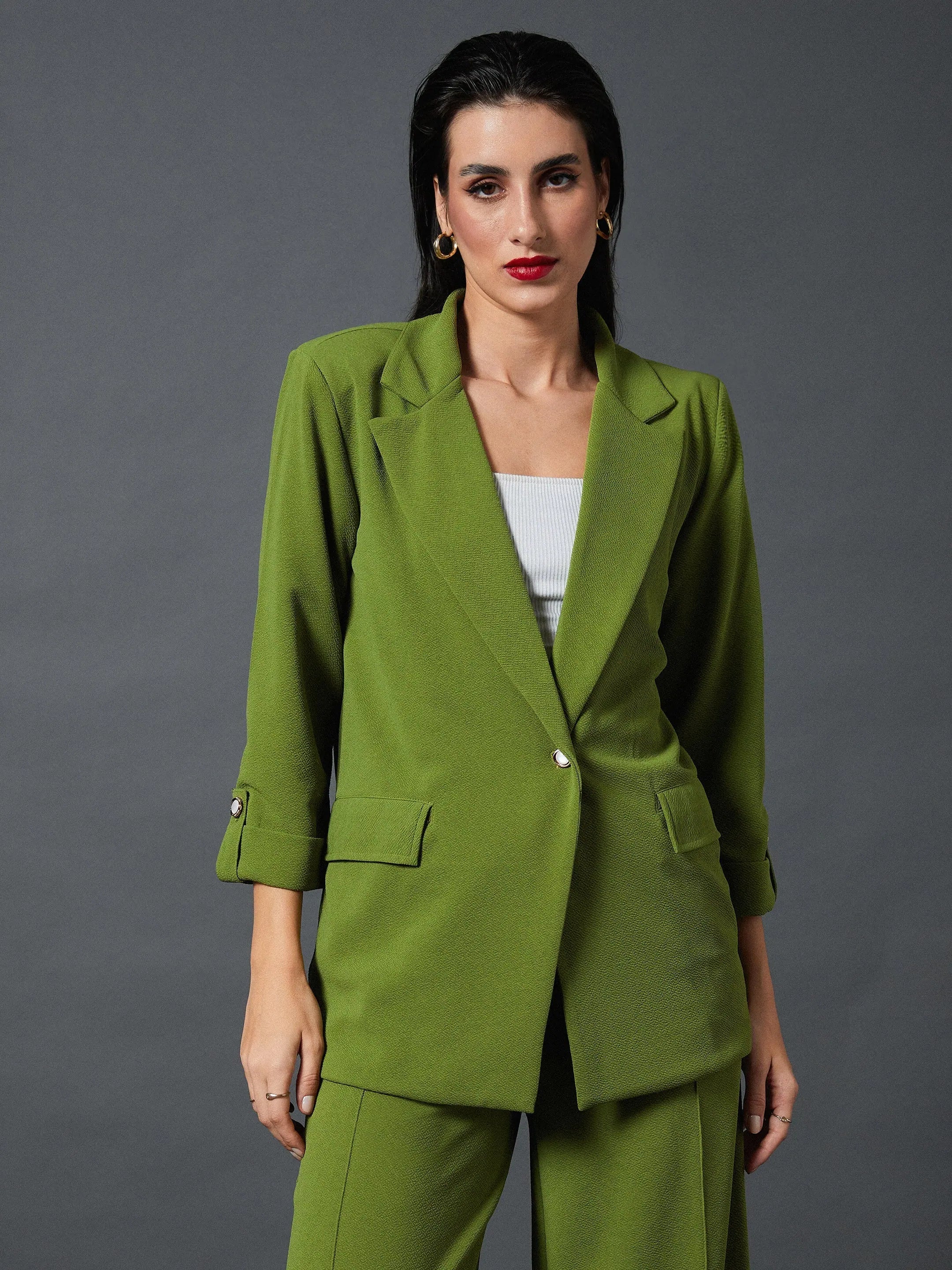 Women Olive Front Button Blazer Women's Boutique Suit
