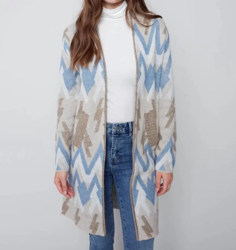 Long Jacquard Knit Cardigan In Denim Handmade Hand-knitted Hand-woven