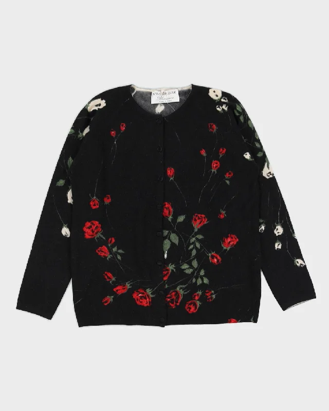 Vintage 1990s Black Button Up Cardigan with Roses - M Solid Print Embellished