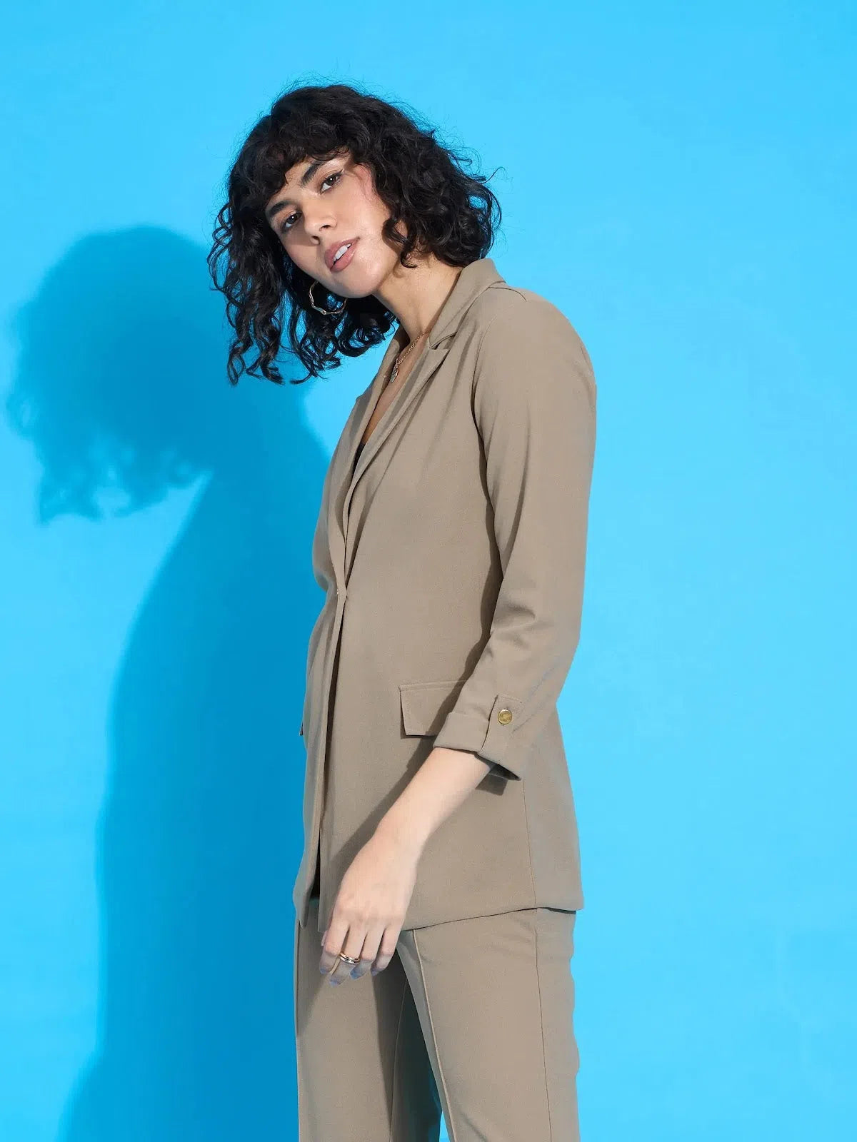 Women Beige Front Button Blazer Women's Boutique Suit
