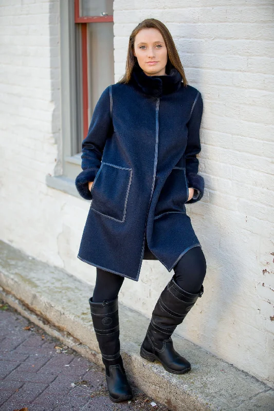Bergen of Norway Kari - Navy/Grey Cashmere Mink Coat Trench Wool Cashmere