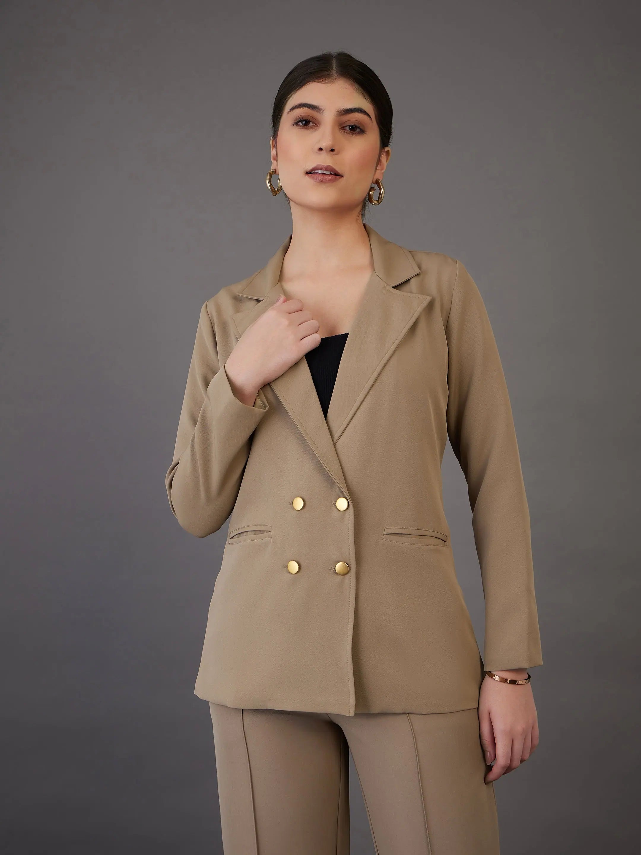 Women Beige Double-Breasted Blazer Women's Pencil Blazer