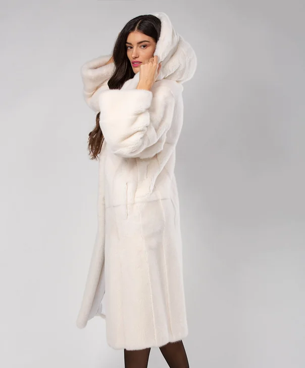 Women’s Snow White Hooded Mink Long Coat Striped Polka Dot Solid