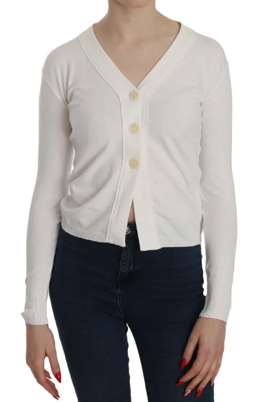 BYBLOS Elegant White V-Neck Cropped Cardigan Blouse Asymmetrical,ymmetric Pencil Cardigan BYBLOS Elegant White V-Neck Cropped Cardigan Blouse Asymmetrical,ymmetric Pencil Cardigan