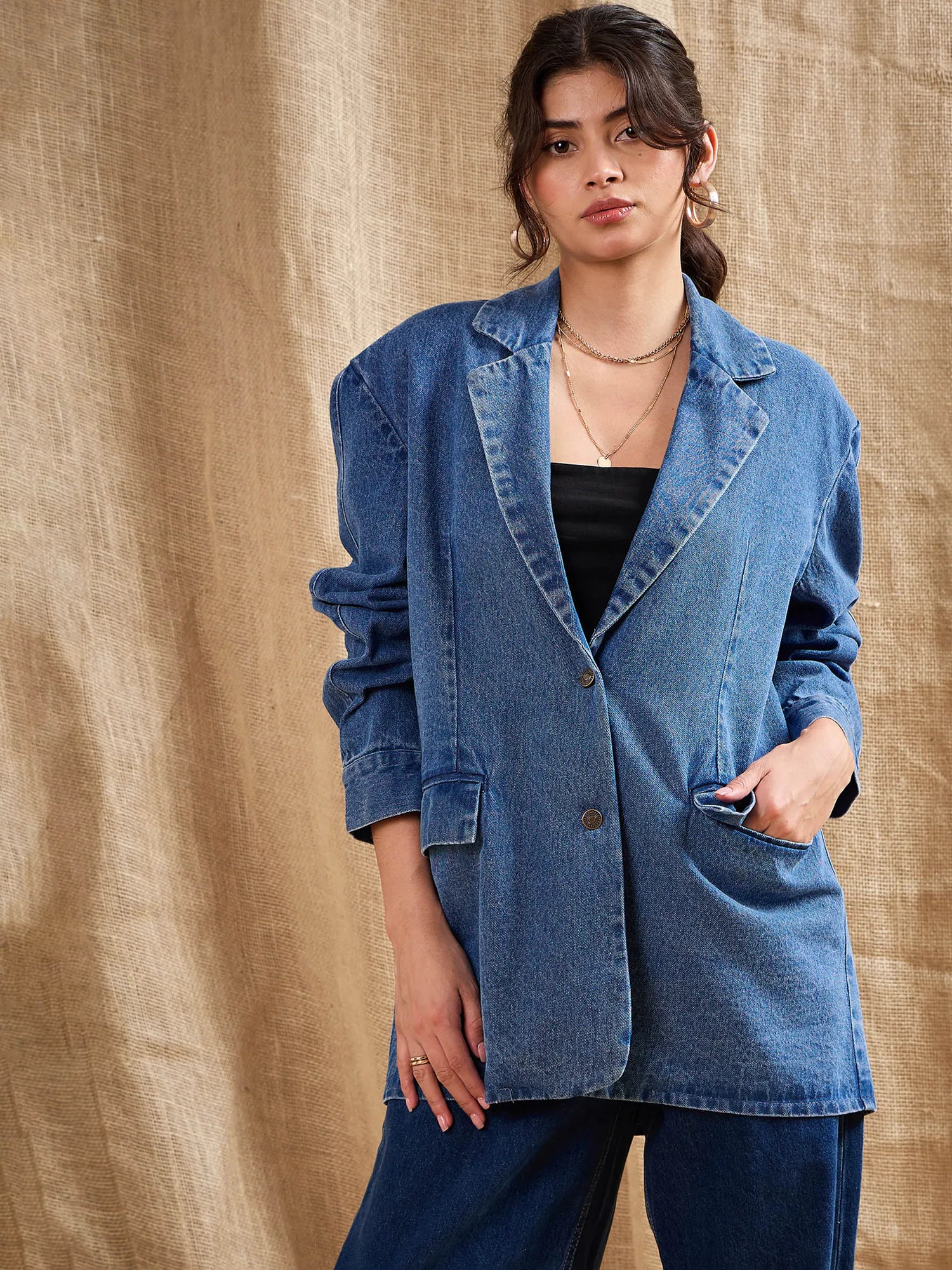 Women Blue Denim Washed Oversized Notch Collar Blazer-SFJCKT6922 Women's Classic Blazer