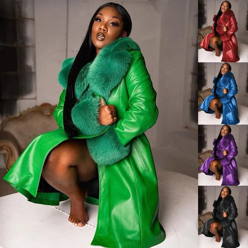 Women Coat Fashion Casual Solid Color Long Sleeve Pu Leather Fur Turn Down Collar Zipper Warm Autumn Winter Jersey Tulle Batik