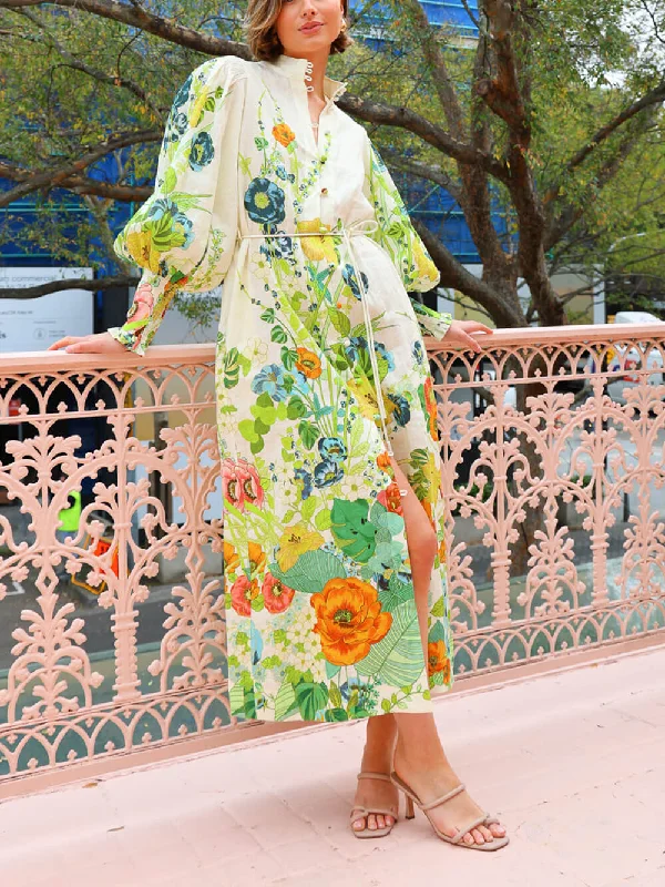 Unique Print Lantern Sleeve Graceful Cream Cardigan Style Shirt Dress Elasticated Padded Insulated Unique Print Lantern Sleeve Graceful Cream Cardigan Style Shirt Dress Elasticated Padded Insulated