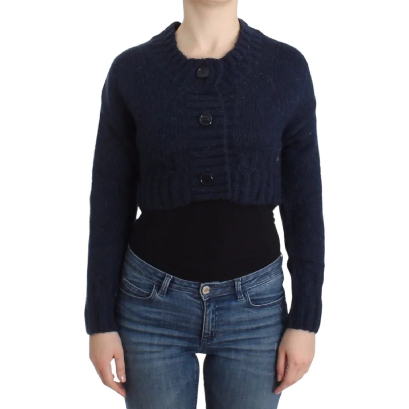 John Galliano Chic Cropped Blue Cardigan Front Pockets Side Pockets Patch Pockets
