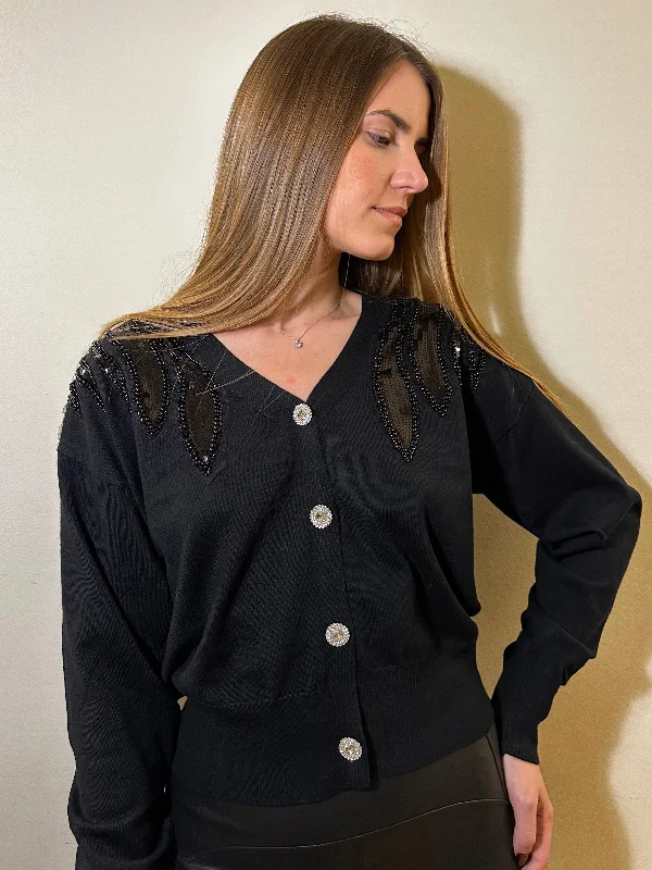 Cardigan with crystal buttons and black sequined shoulders Transparent Opaque Sheer