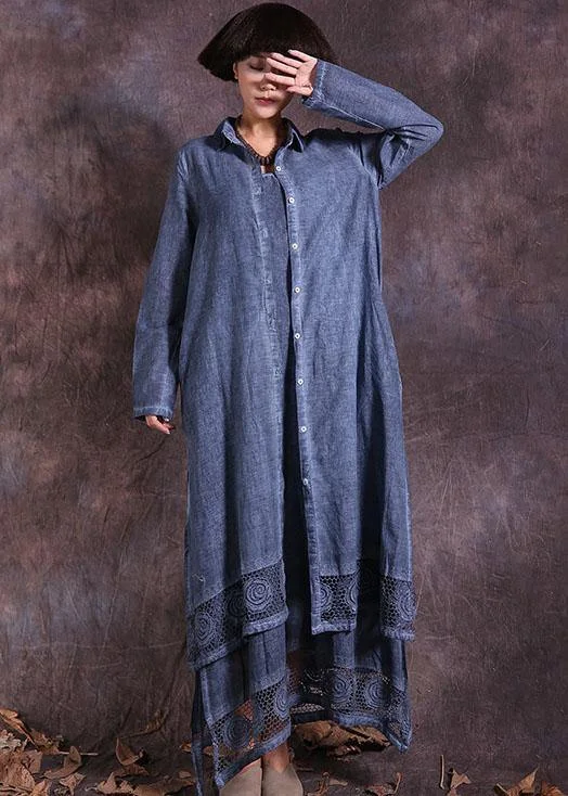 Classy blue lapel collar linen cotton Long Shirts lace hem cotton robes summer cardigan Front Pockets Side Pockets Patch Pockets