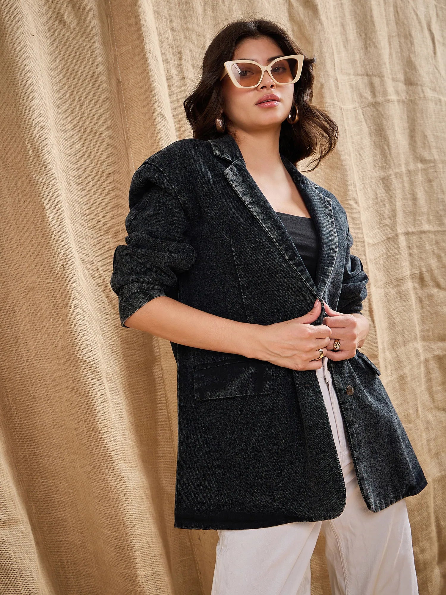 Women Black Denim Washed Oversized Notch Collar Blazer-SFJCKT6923 Women's Trendy Jacket