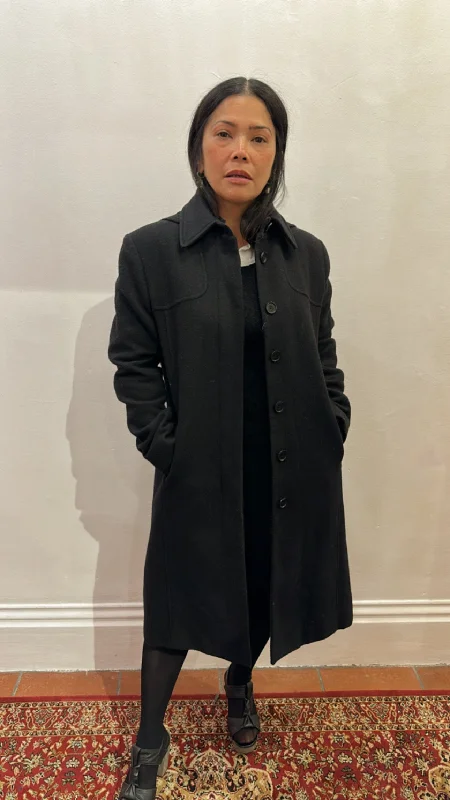 Y2k Black Wool Hooded Coat Bomber Denim Leather