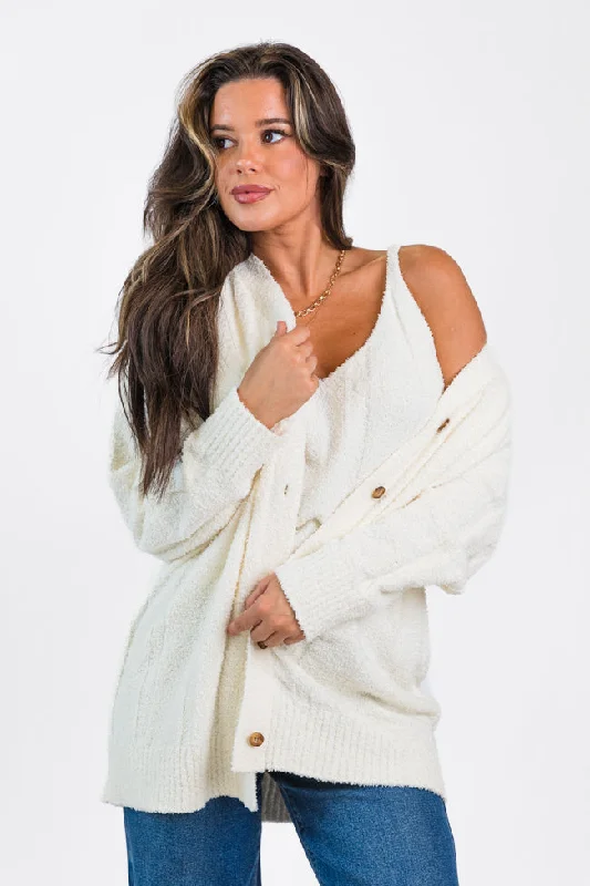 It's All True Ivory Fuzzy Cardigan And Tank Set FINAL SALE Beaded Cardigan Sequined Faux Fur