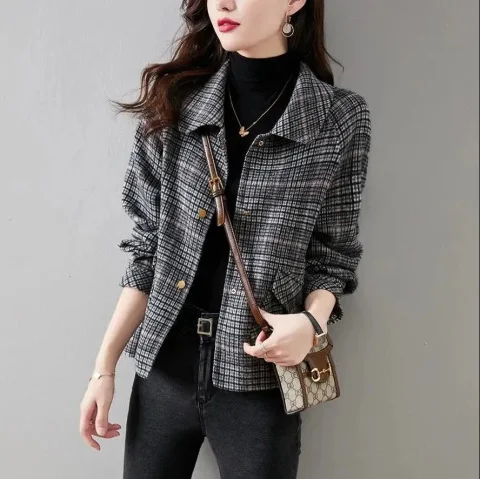 Women Fashion Casual Style Long Sleeve Plaid Attern Tweed Lapel Coat A-Line Ball Gown Mermaid Women Fashion Casual Style Long Sleeve Plaid Attern Tweed Lapel Coat A-Line Ball Gown Mermaid