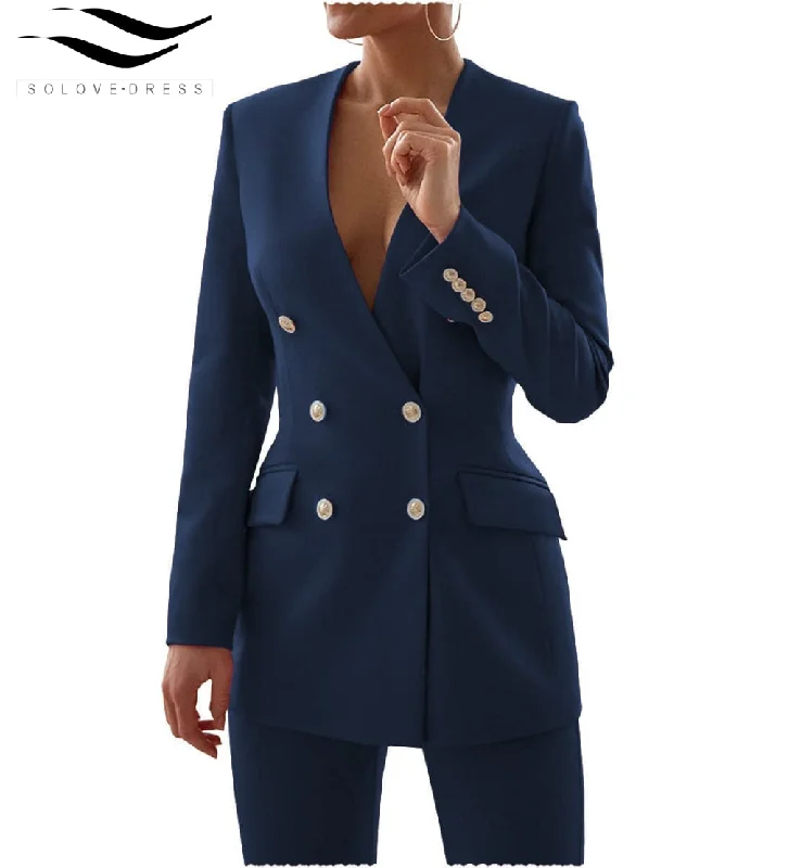 Double Breasted 6 Buttons V Neck Blazer 2 Pieces Women Suit Women's Boutique Suit