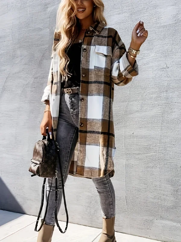 Checkered Lapel Long Coat Buttoned Toggled Snapped