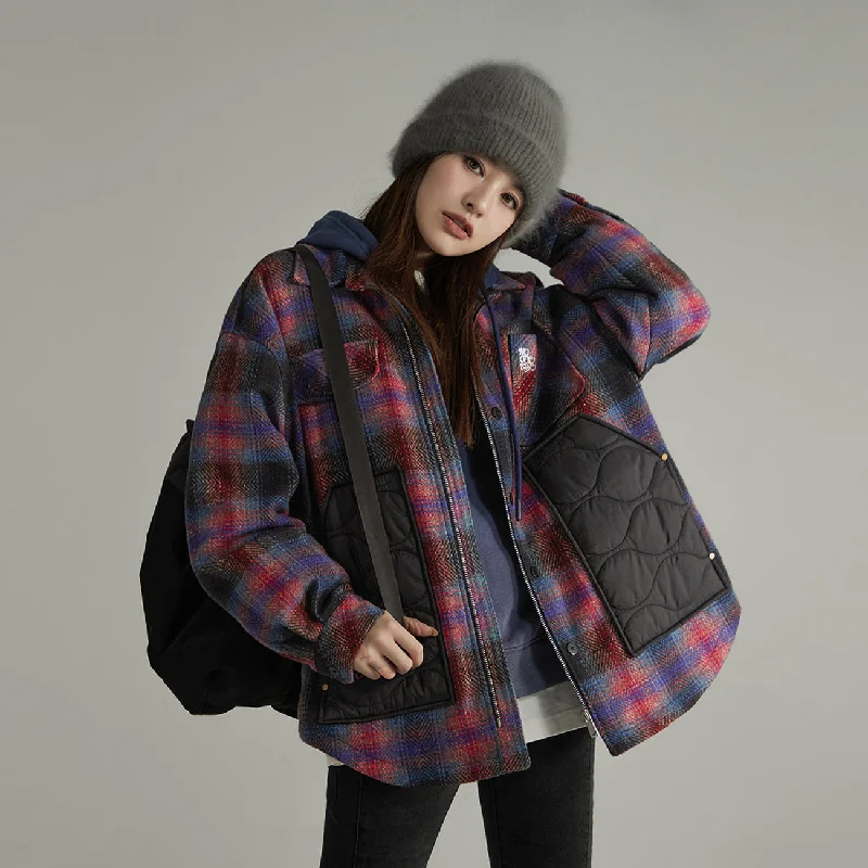 Color Block Check Loose Fit Coat Square Neck One-Shoulder Off-the-Shoulder