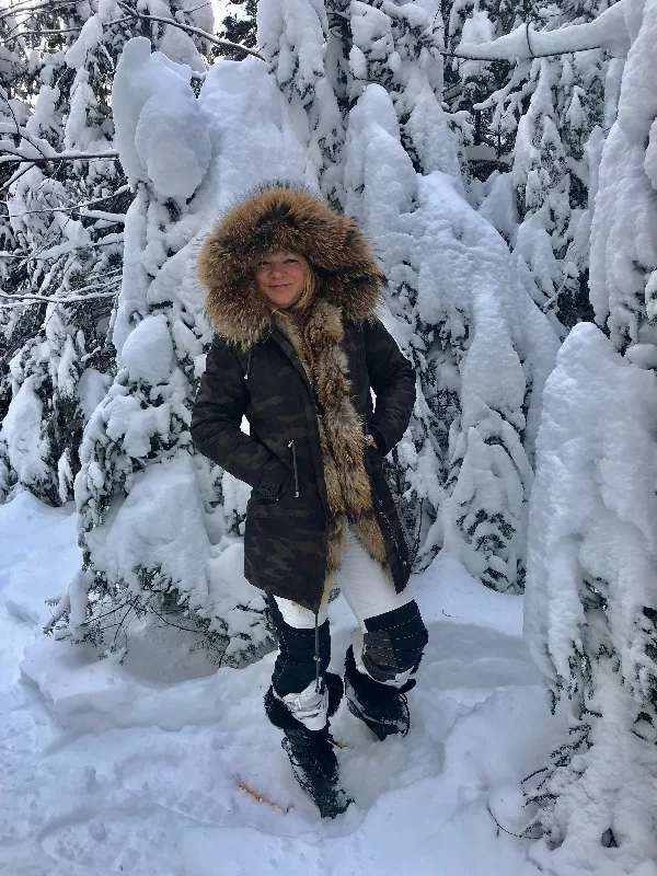 Bergen Of Norway Ashley Camo Finnish Raccoon Fur Winter Coat Appliqued Beaded Sequined