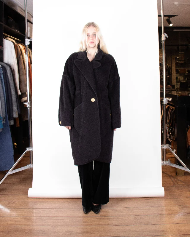 1980s Chanel Black Cashmere Coat M Toggle Coat Shawl Collar Coat Notch Collar Coat