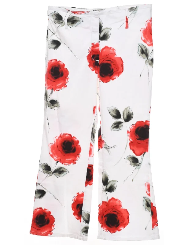 White Floral Print Trousers - W31 L27 Trousers Pleated Formal