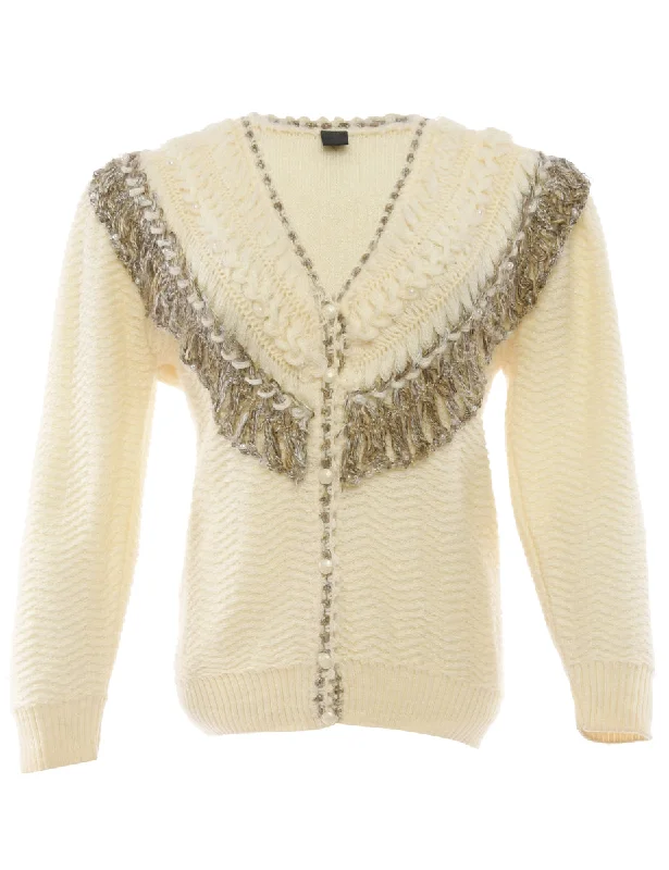 Button Front Cream Cardigan - M Mesh Fabric Canvas Fabric Denim Fabric