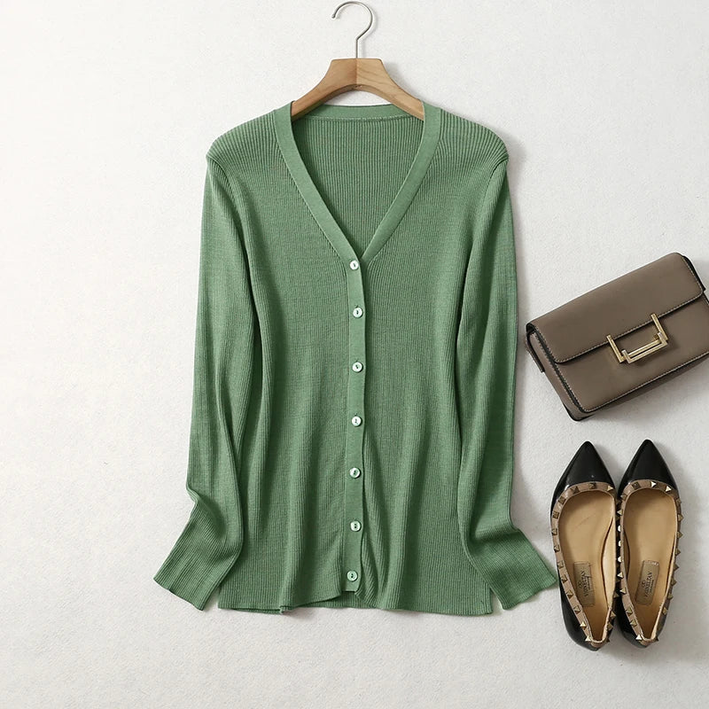 Green Fields V-Neck Mulberry Silk Womens Cardigan Wool Cardigan Cotton Cardigan Cashmere Cardigan