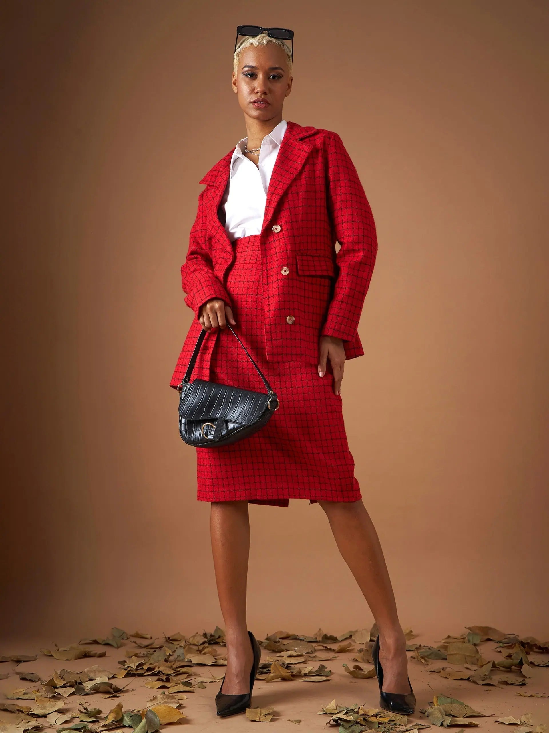 Women Red Check Jacquard Tweed Notch Collar Blazer Women's Custom Jacket