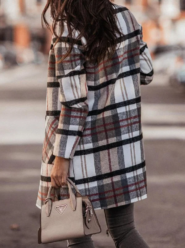 Checkered Pocket Detailed Coat Boat Shawl Notched