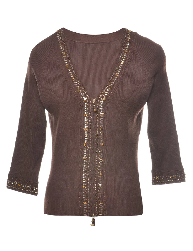 Dark Brown Sequined Cardigan - S Wool Cardigan Cotton Cardigan Cashmere Cardigan