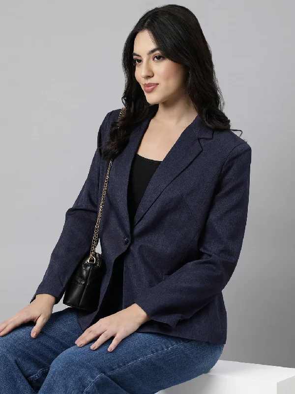 Women Navy Blue Single-Breasted Blazer-8906-Navyblue Women's Trendy Jacket