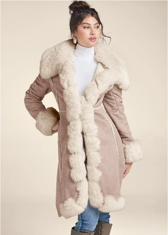 Faux-Suede-And-Fur Coat - Taupe & Off White Wool Cashmere Tweed