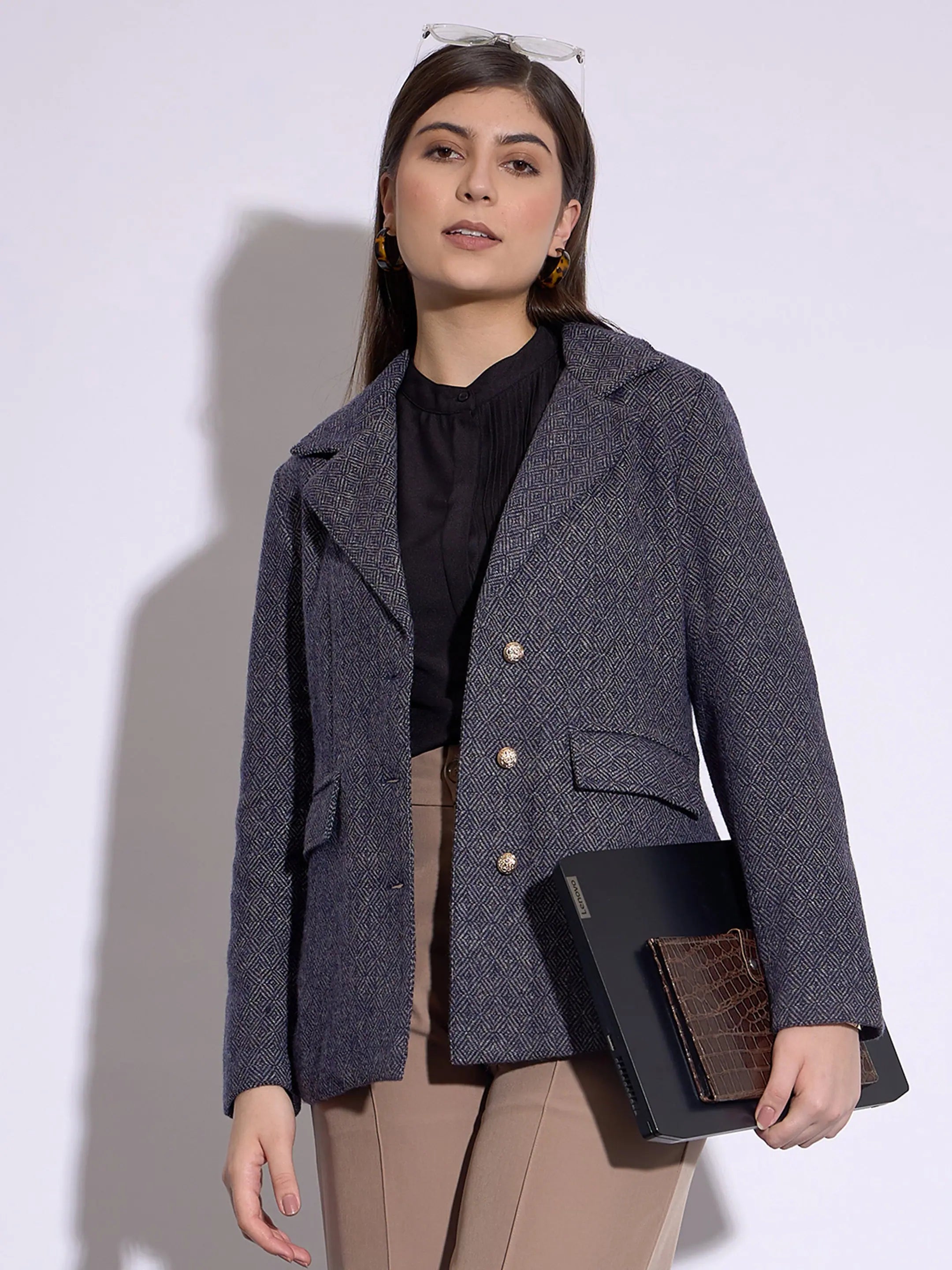 Women Navy Tweed Notch Collar Single-Breasted Blazer Women's Trendy Jacket