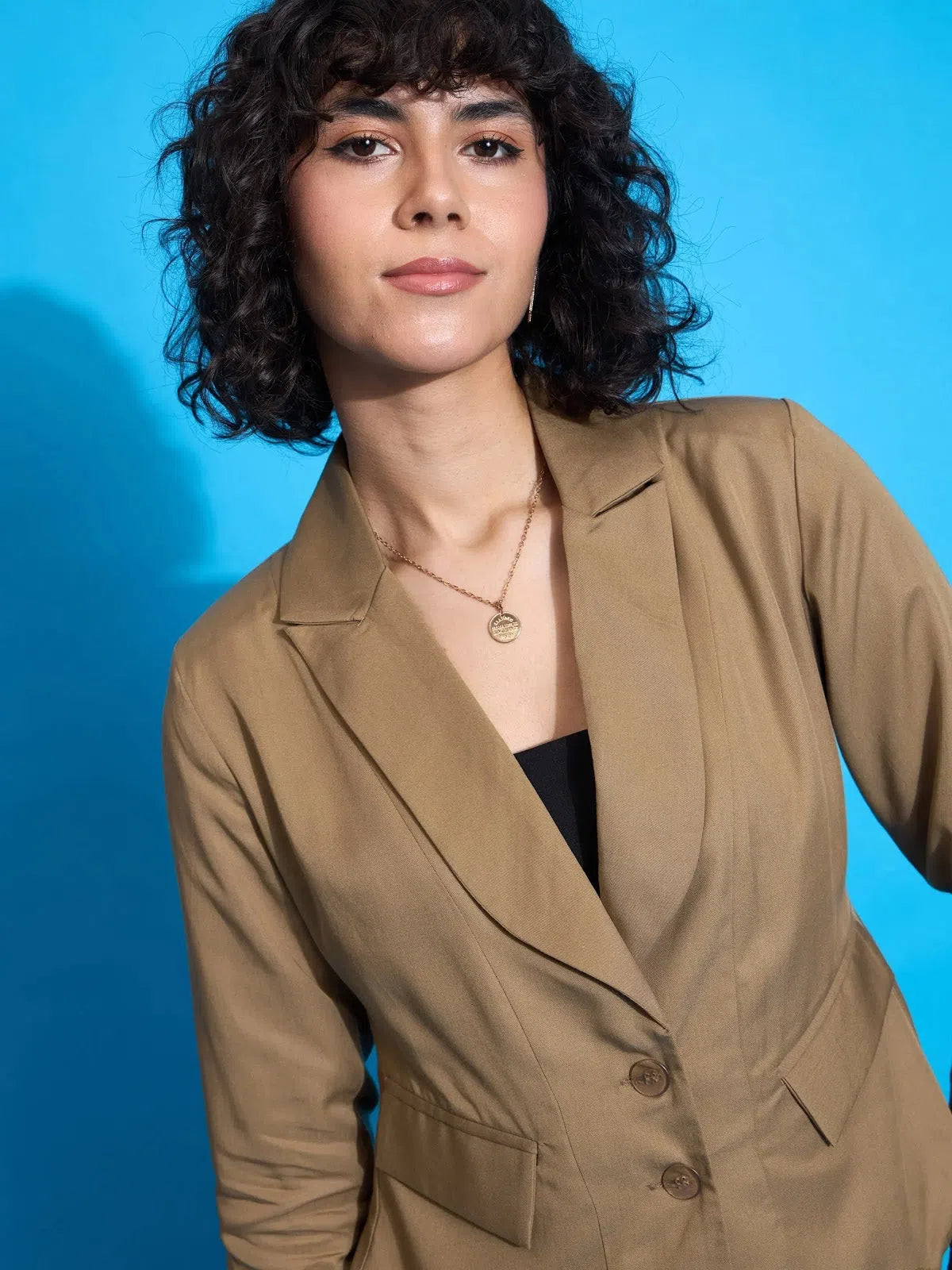 Women Brown Rayon Tencil Notched Collar Blazer Women's Trendy Jacket
