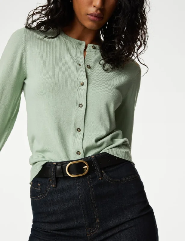 Crew Neck Button Front Cardigan Toggled Drawstring Belted